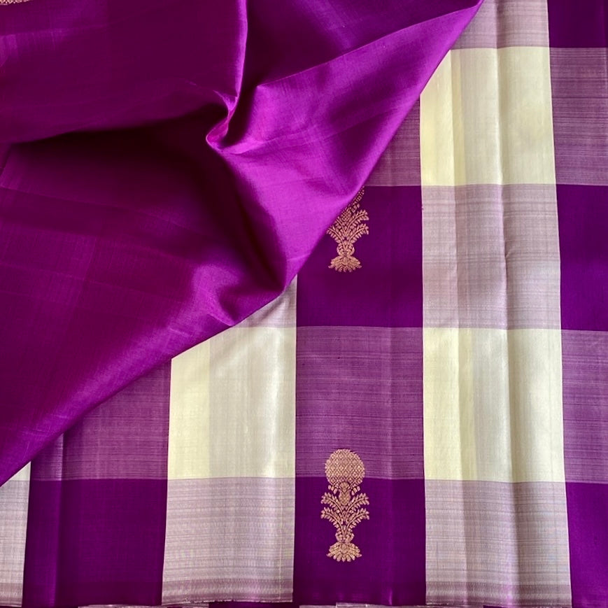 Deep Purple Kanjeevaram Pure Zari Silk Saree With Ivory Checks