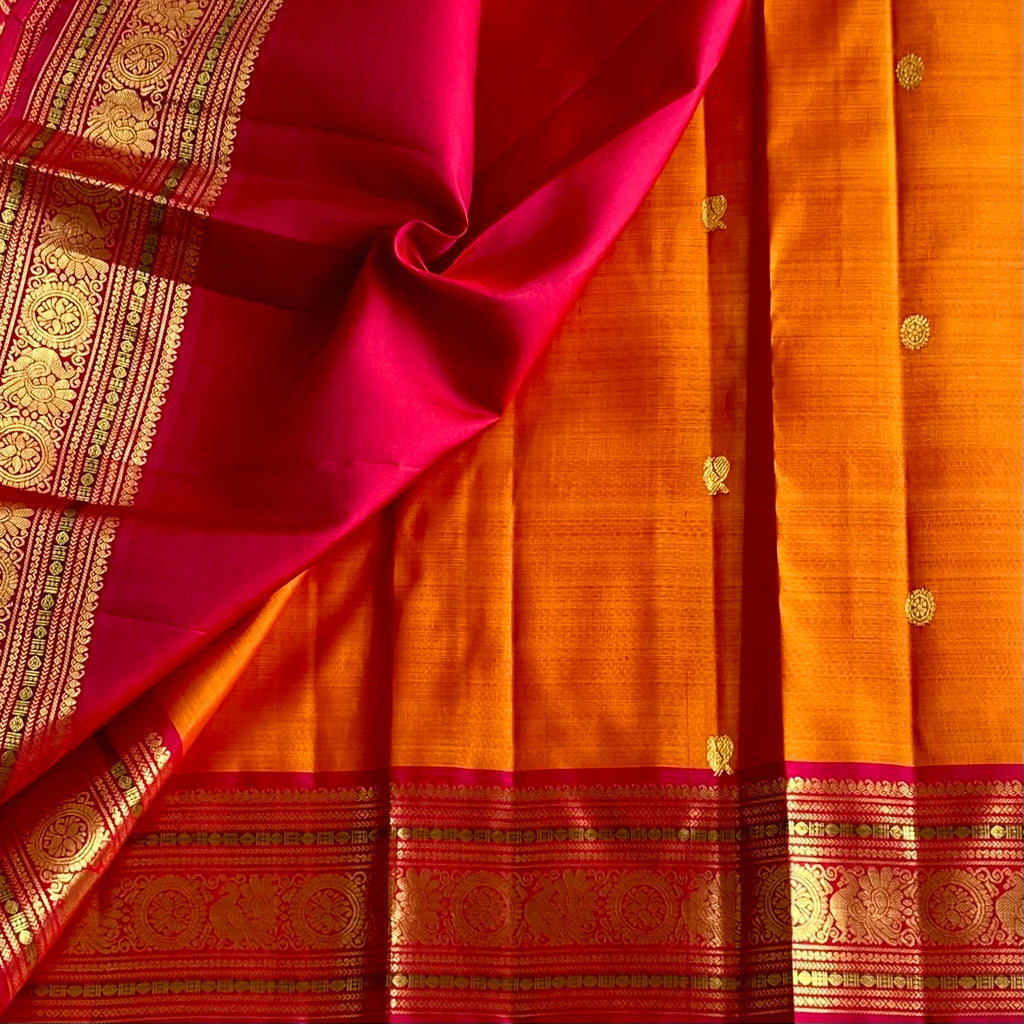 Saffron Orange Kanjeevaram Pure Zari Silk Saree With Rani Pink Pallu