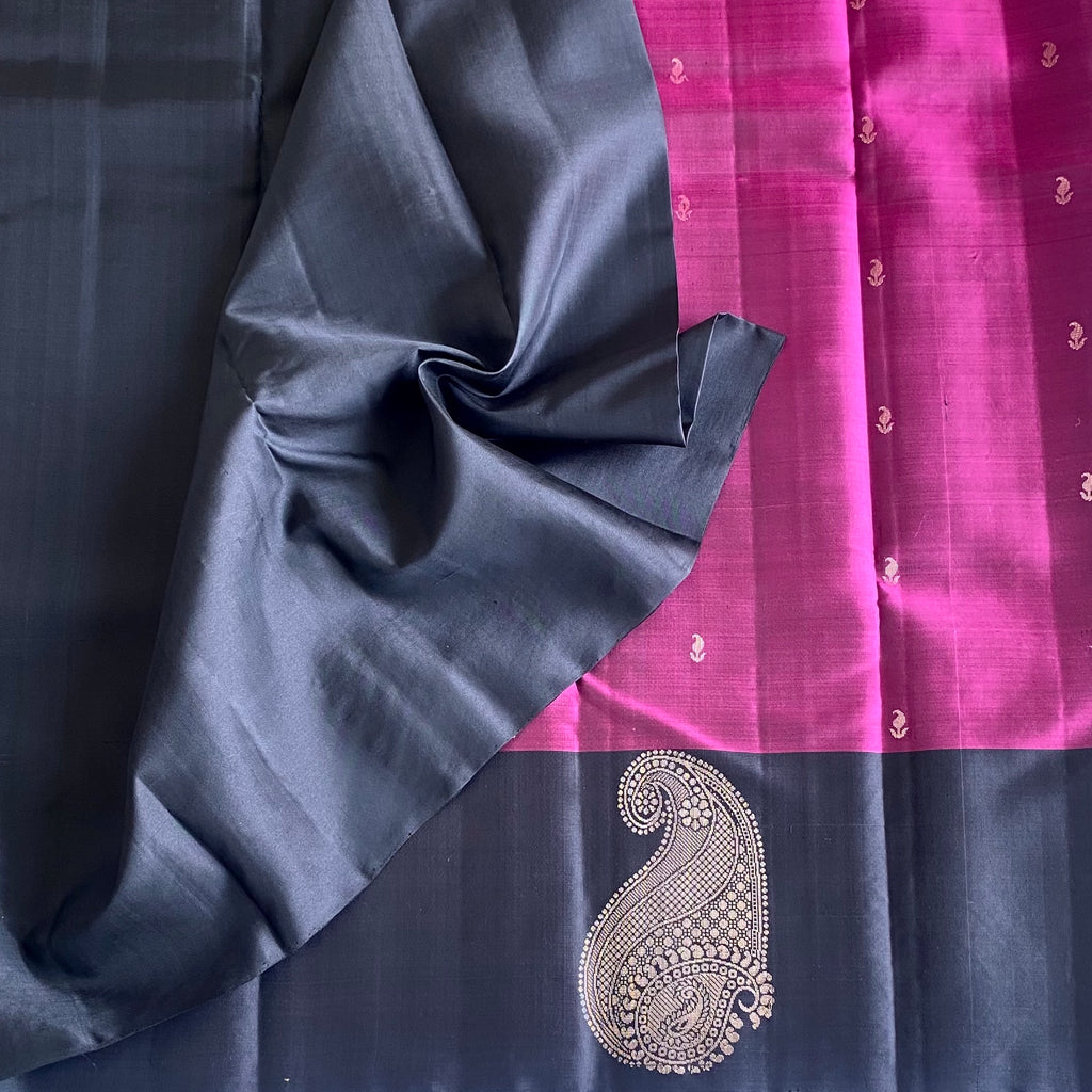Deep Magenta Designer Pure Silk With Rani Charcoal Black Gold Zari
