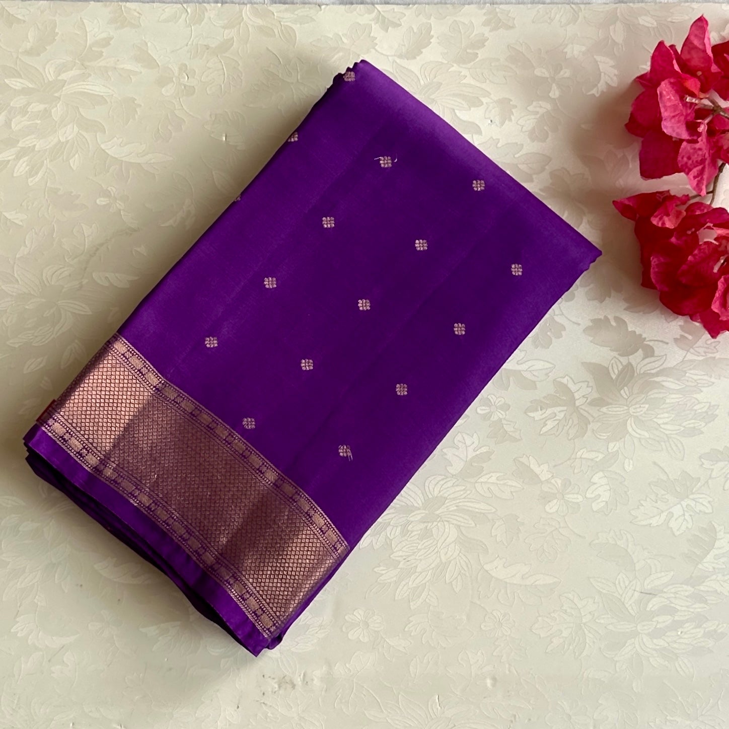 Purple Silk Saree Rose Gold Zari Border Chevron Pallu Diamond