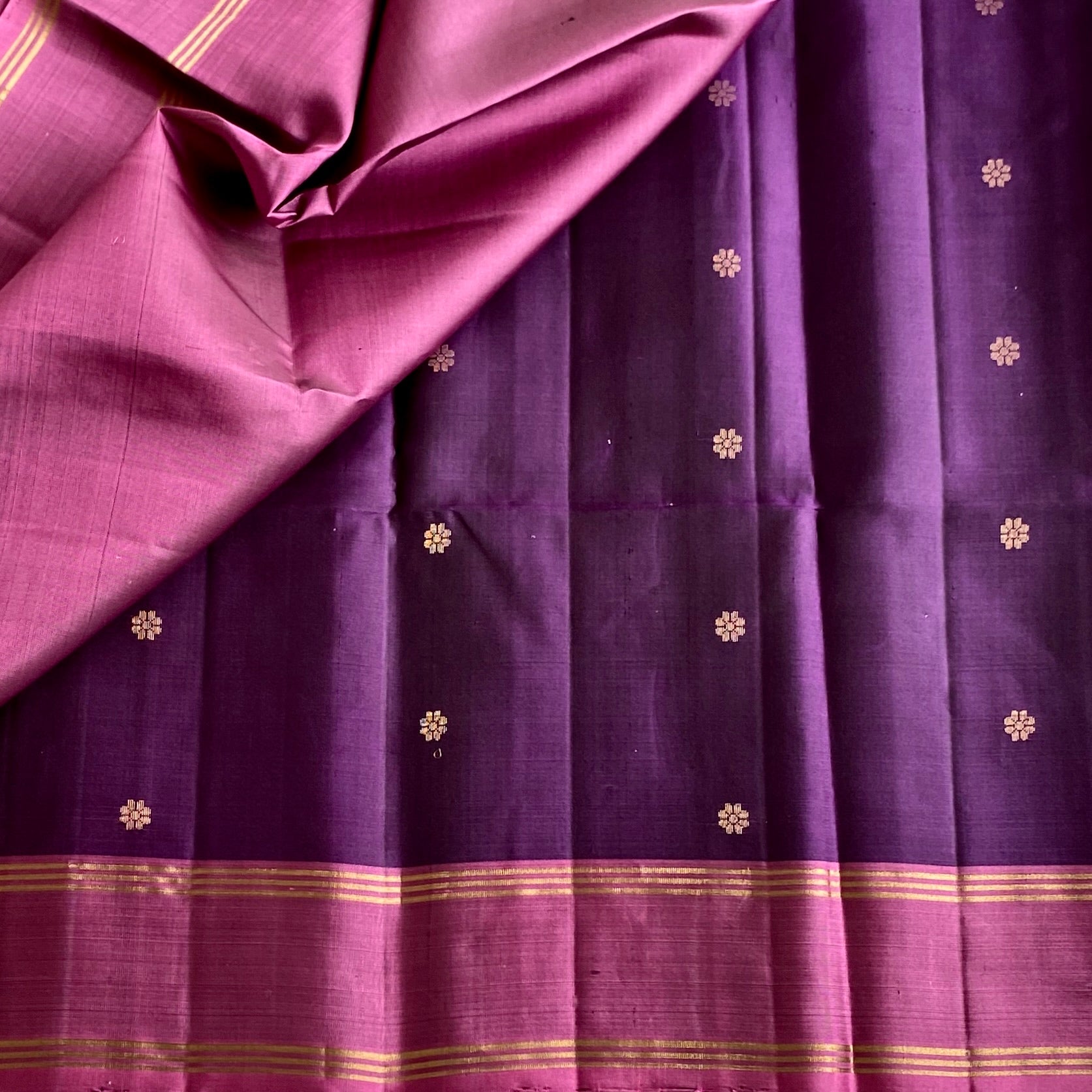 Deep Purple Designer Pure Silk Saree With Metallic Pink Pallu