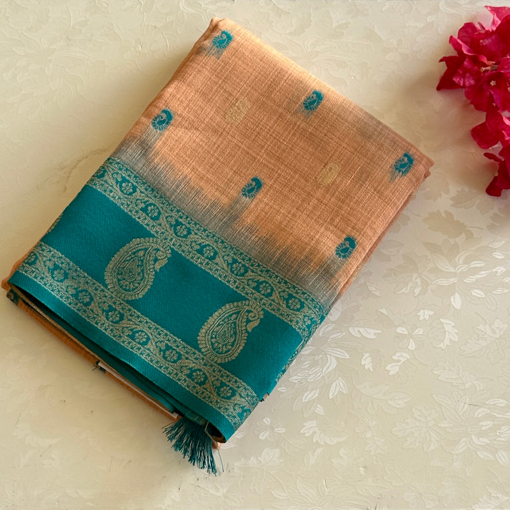 Teal Peach Silk Zari Paisley Woven Saree With Tassel Pallu