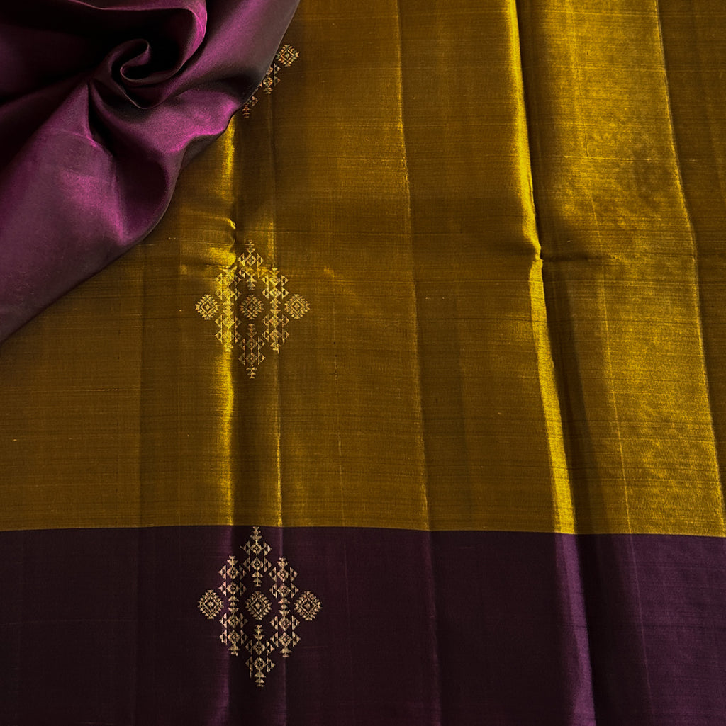 Regal Purple Gold Pallu Mustard Body Woven Saree For Weddings