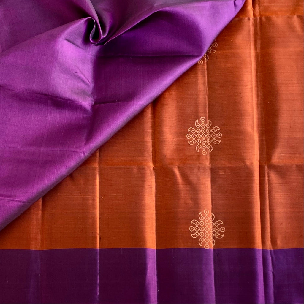 Burnt Orange Designer Pure Silk Kollam With Royal Purple