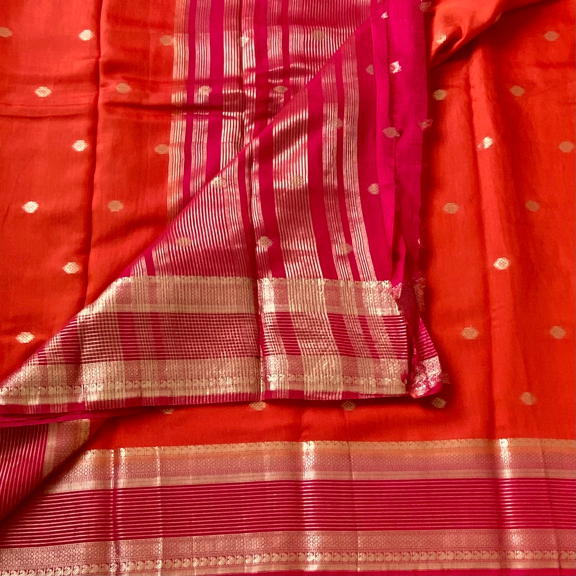 Tangerine Magenta Saree Gold Buti Zari Striped Border Festive Wear