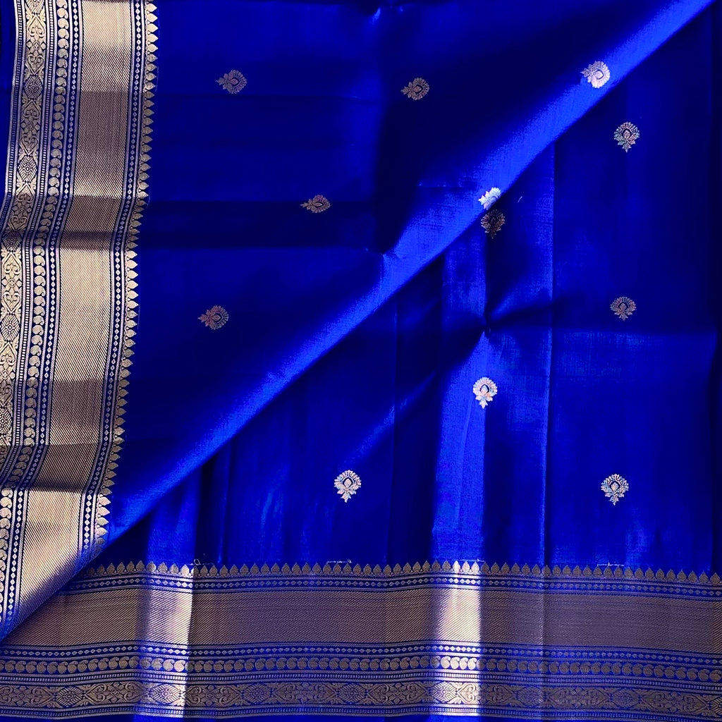 Royal Blue Designer Pure Silk Saree With Antique Gold Brocade Pallu