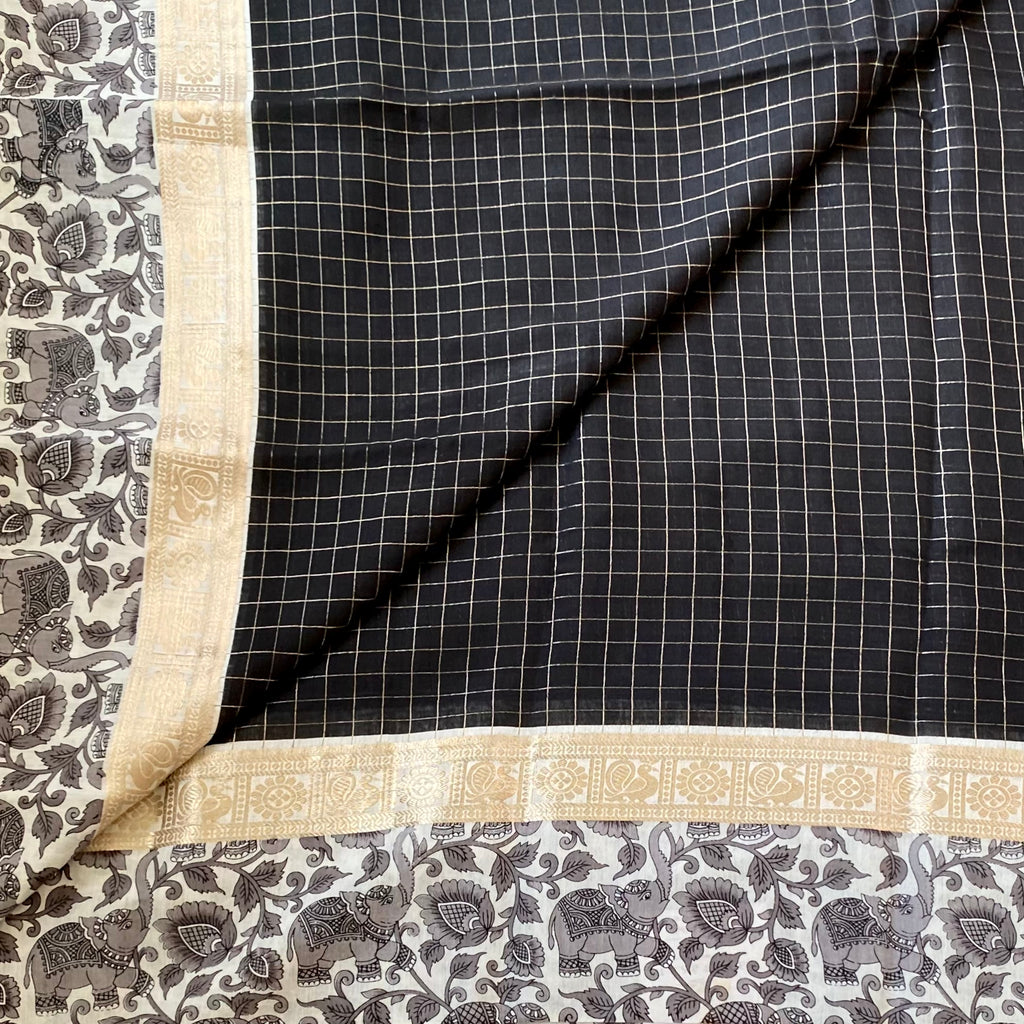Charcoal Checked Saree Ivory Pallu Gold Zari Elephant Border Traditional