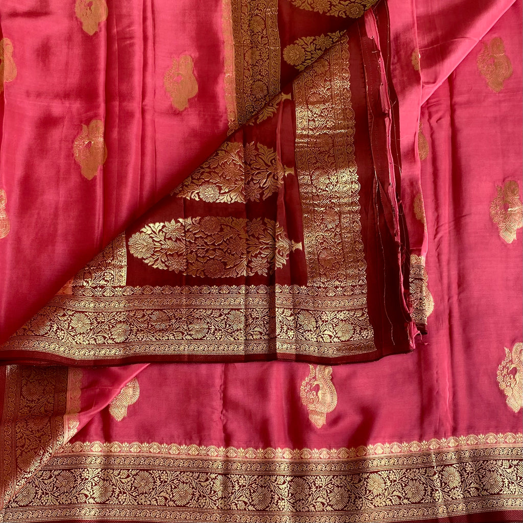 Rose Pink Soft Tussar Silk Saree With Maroon Pallu