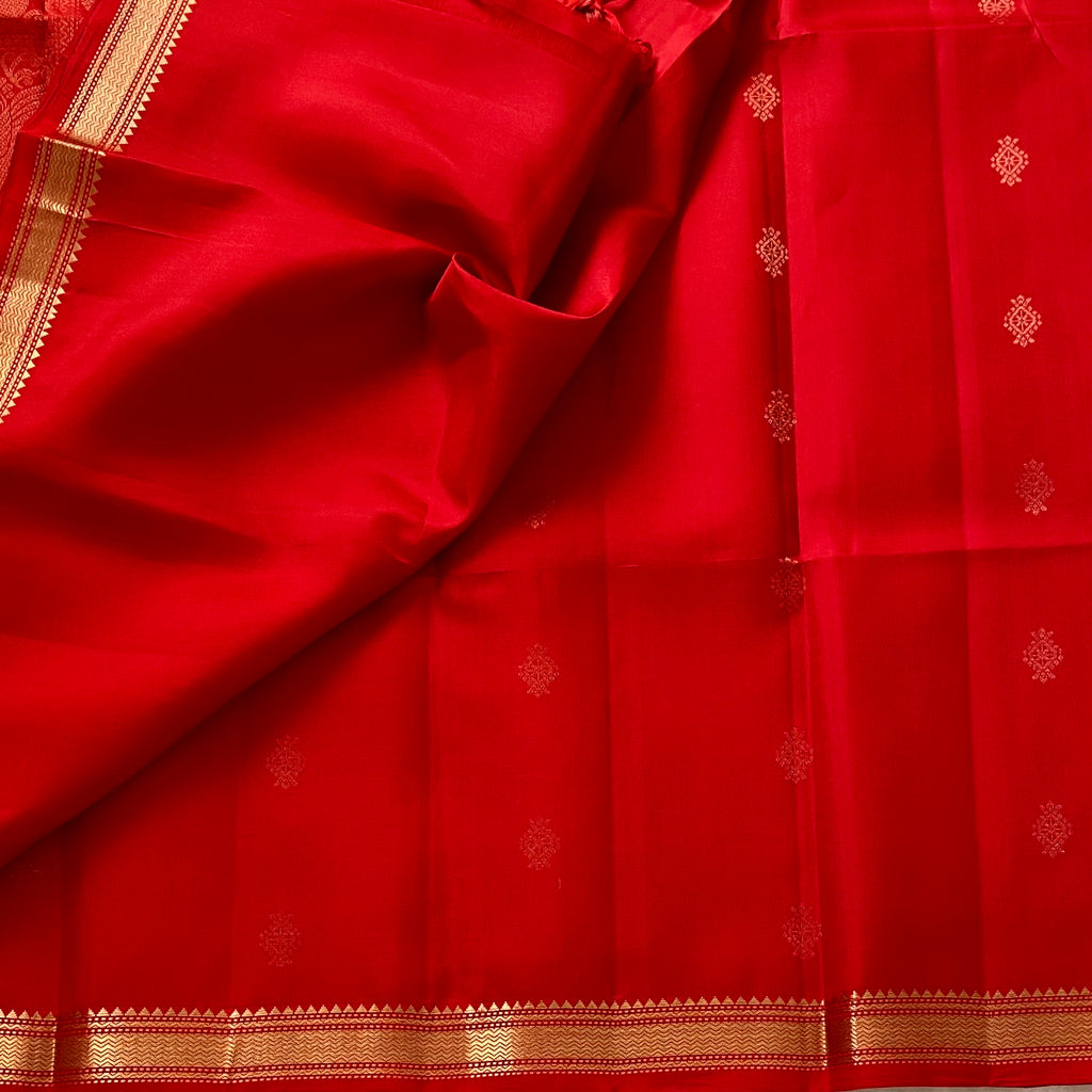 Ruby Red Designer Pure Silk Saree With Antique Gold Border