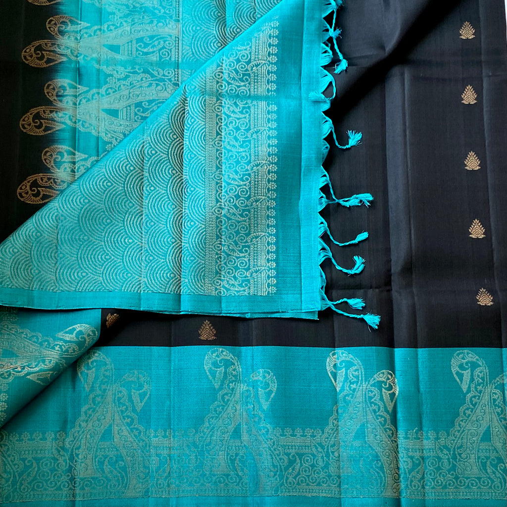 Teal Black Silk Saree Silver Zari Paisley Woven Border Traditional Festive