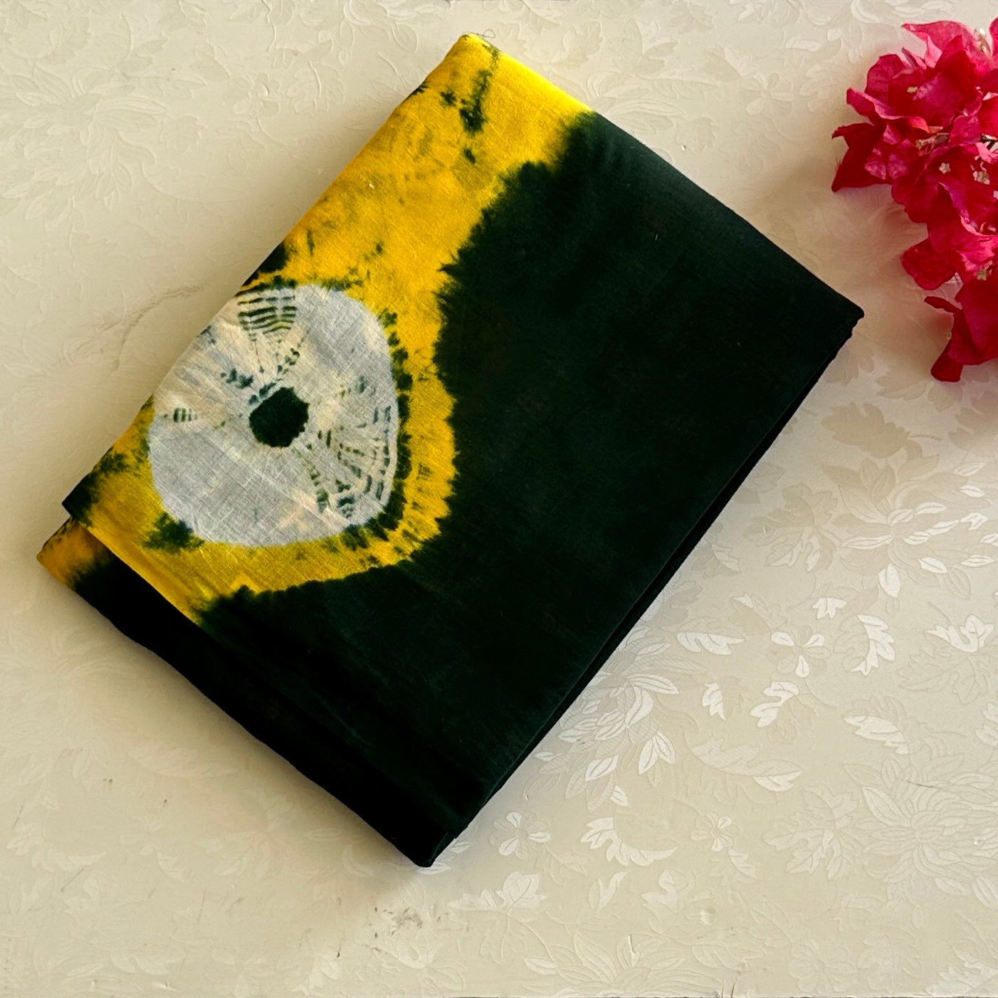 Forest Green Sunflower Yellow Tie Dye Saree Solid Pallu Casual