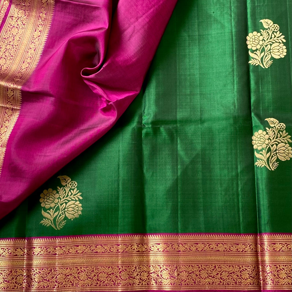 Emerald Green Silk Saree Fuchsia Pallu Gold Zari Floral Motifs