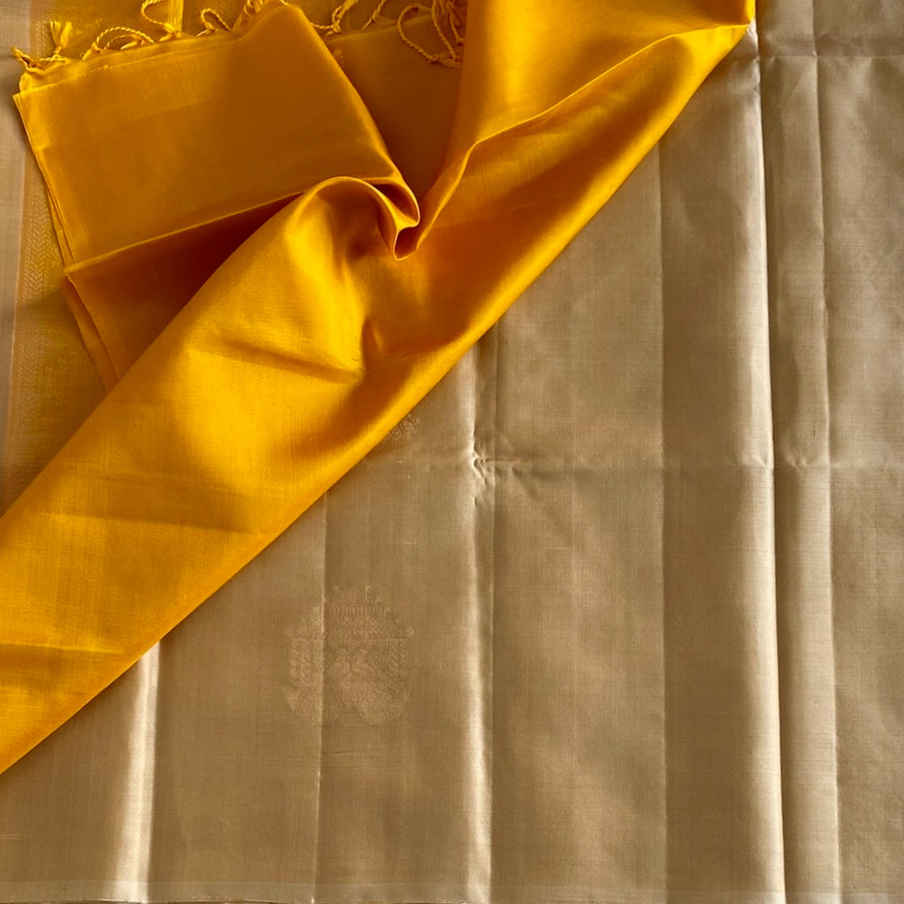 Champagne Beige Designer Pure Silk  With Mustard Yellow Pallu