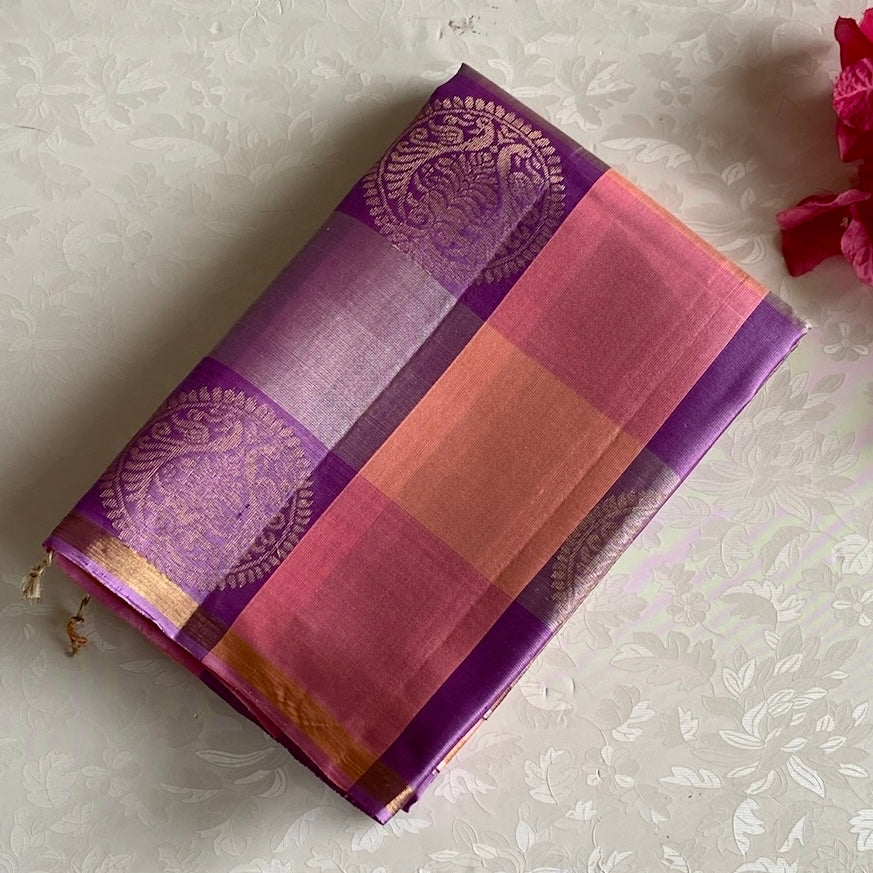 Shades of Lavender, Peach Checkered Designer Pure Silk