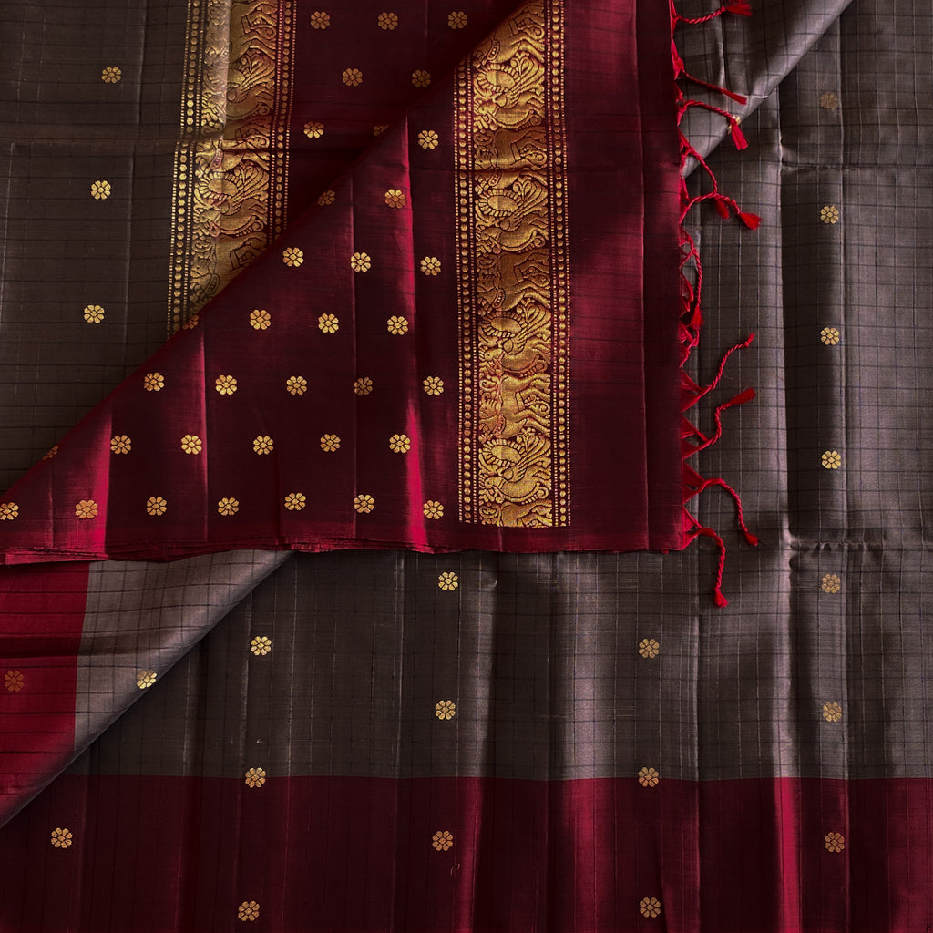 Taupe Grey Silk Saree Deep Maroon Pallu Gold Zari Border