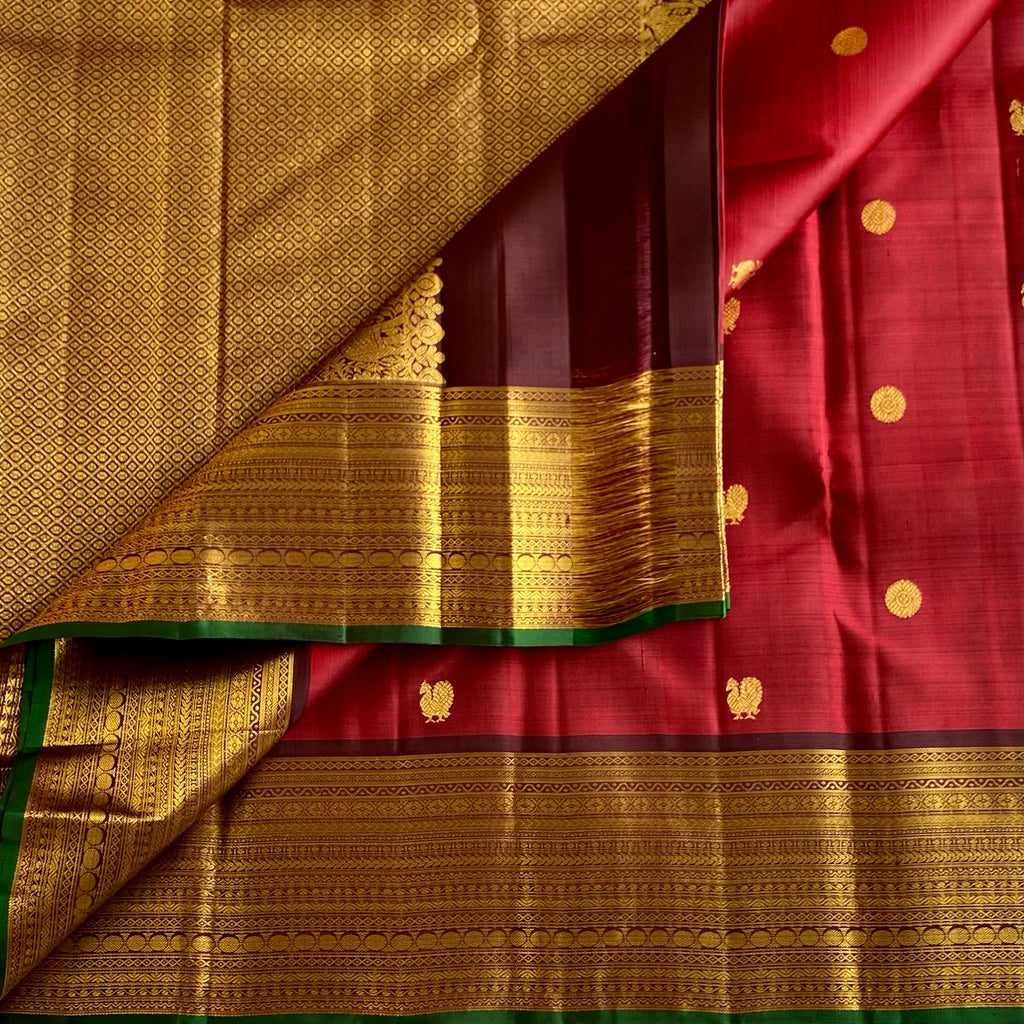 Deep Maroon Pure Kanjeevaram Silk With Coffee Brown Contrast