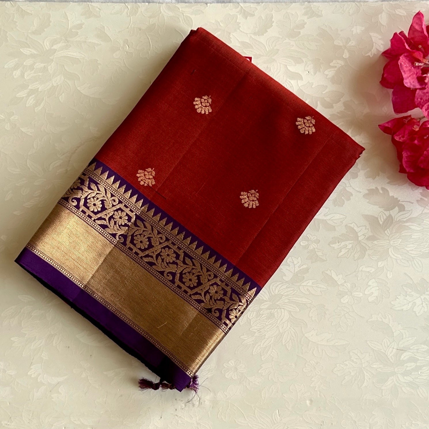 Deep Maroon Silk Saree with Royal Purple Pallu and Gold Border