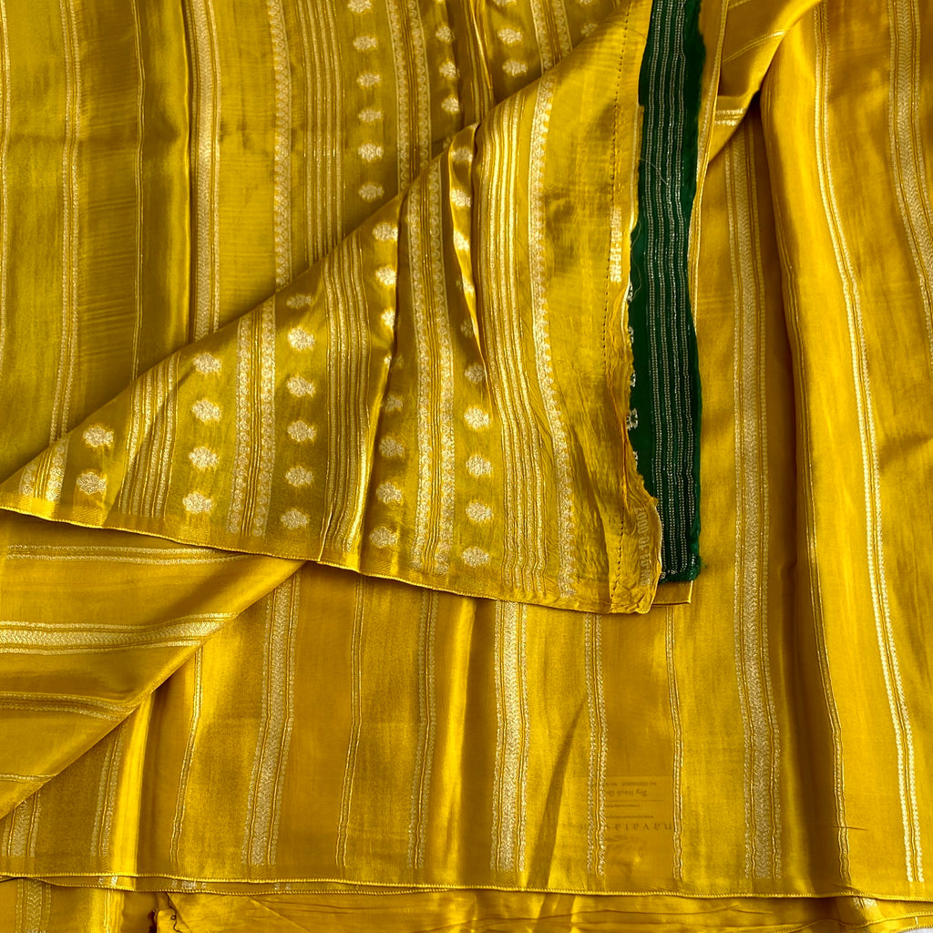 Traditional Mustard Yellow Zari Striped Saree with Emerald Accent