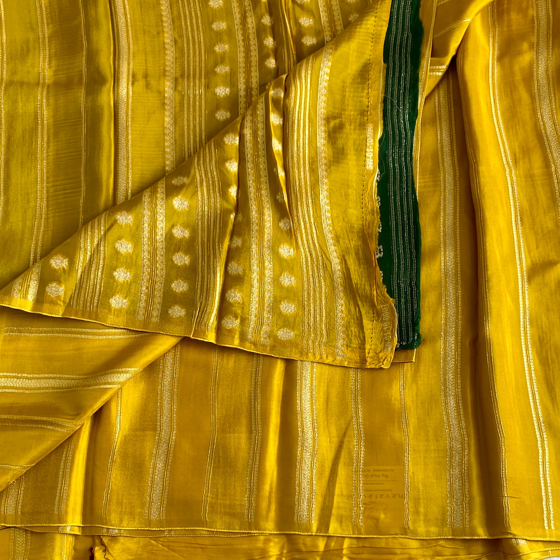 Traditional Mustard Yellow Zari Striped Saree with Emerald Accent