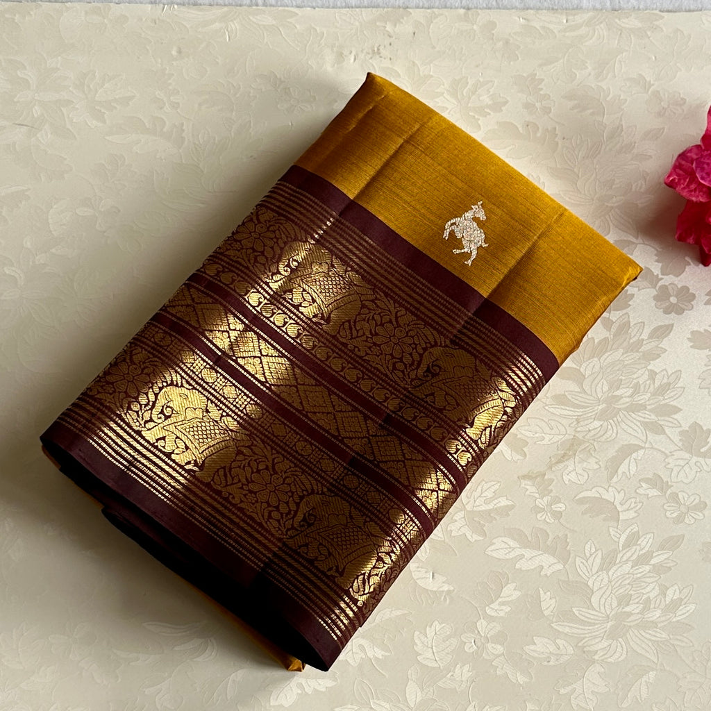 Classic Golden Mustard with Deep Wine Brown Kanjeevaram Masterpiece