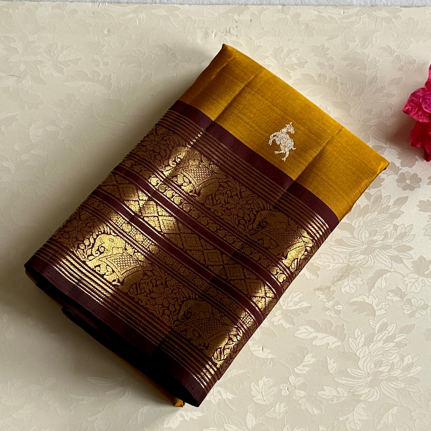 Classic Golden Mustard with Deep Wine Brown Kanjeevaram Masterpiece