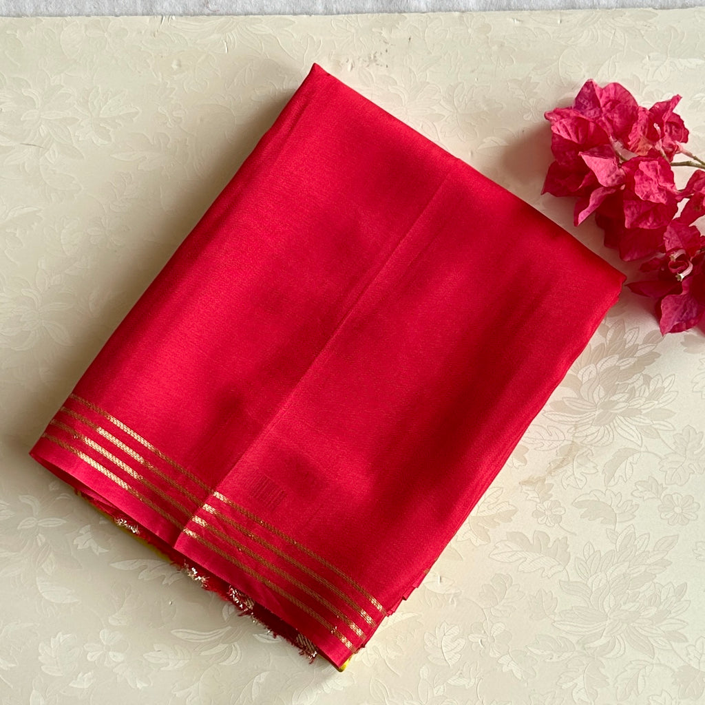 Cherry Red with Lime green Gandaberunda buttas on soft crepe silk