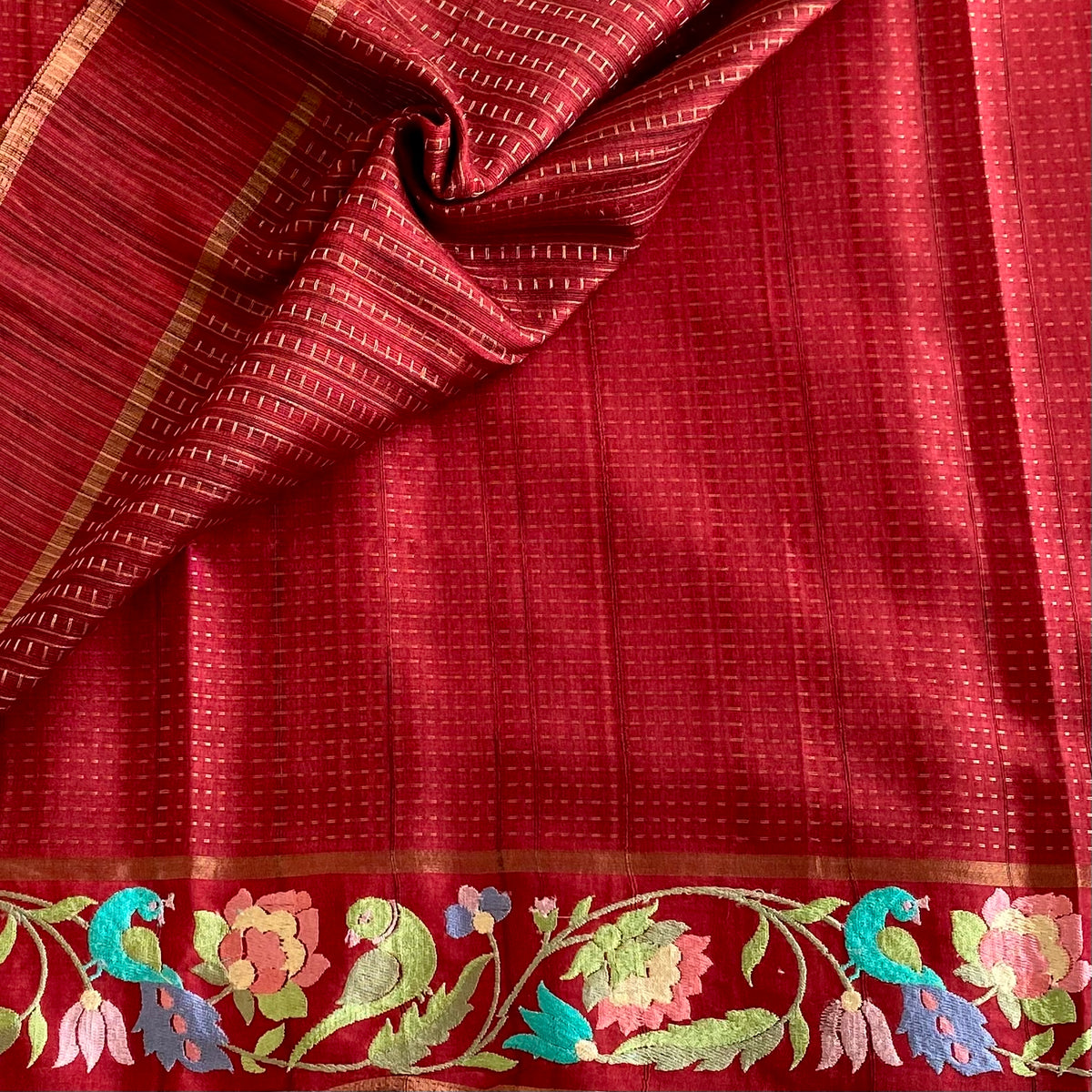 Deep Maroon Embroidered Soft Tussar Silk Saree With Antique Gold Pallu