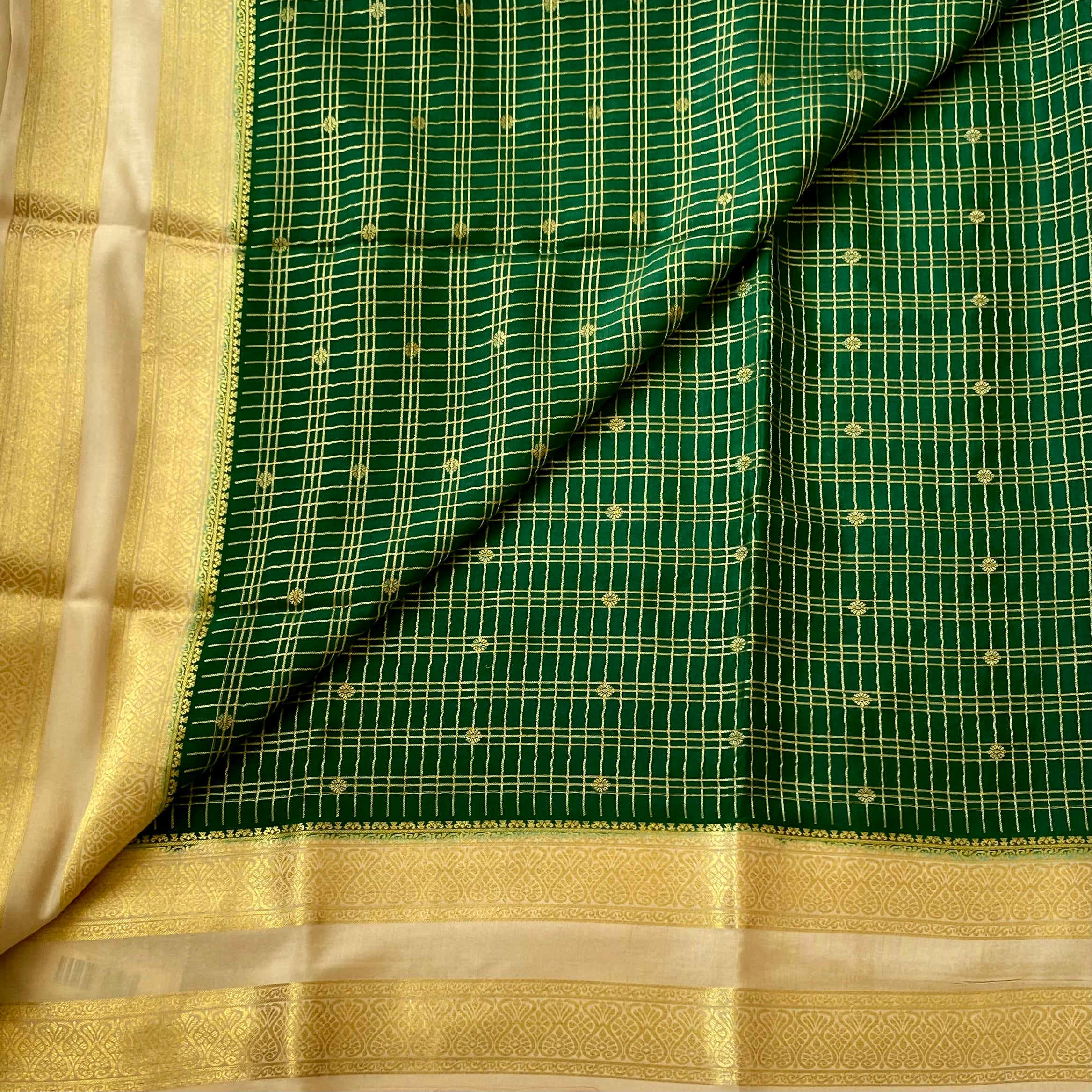 Emerald Green Silk Saree Gold Checks Cream Border Festive Wear