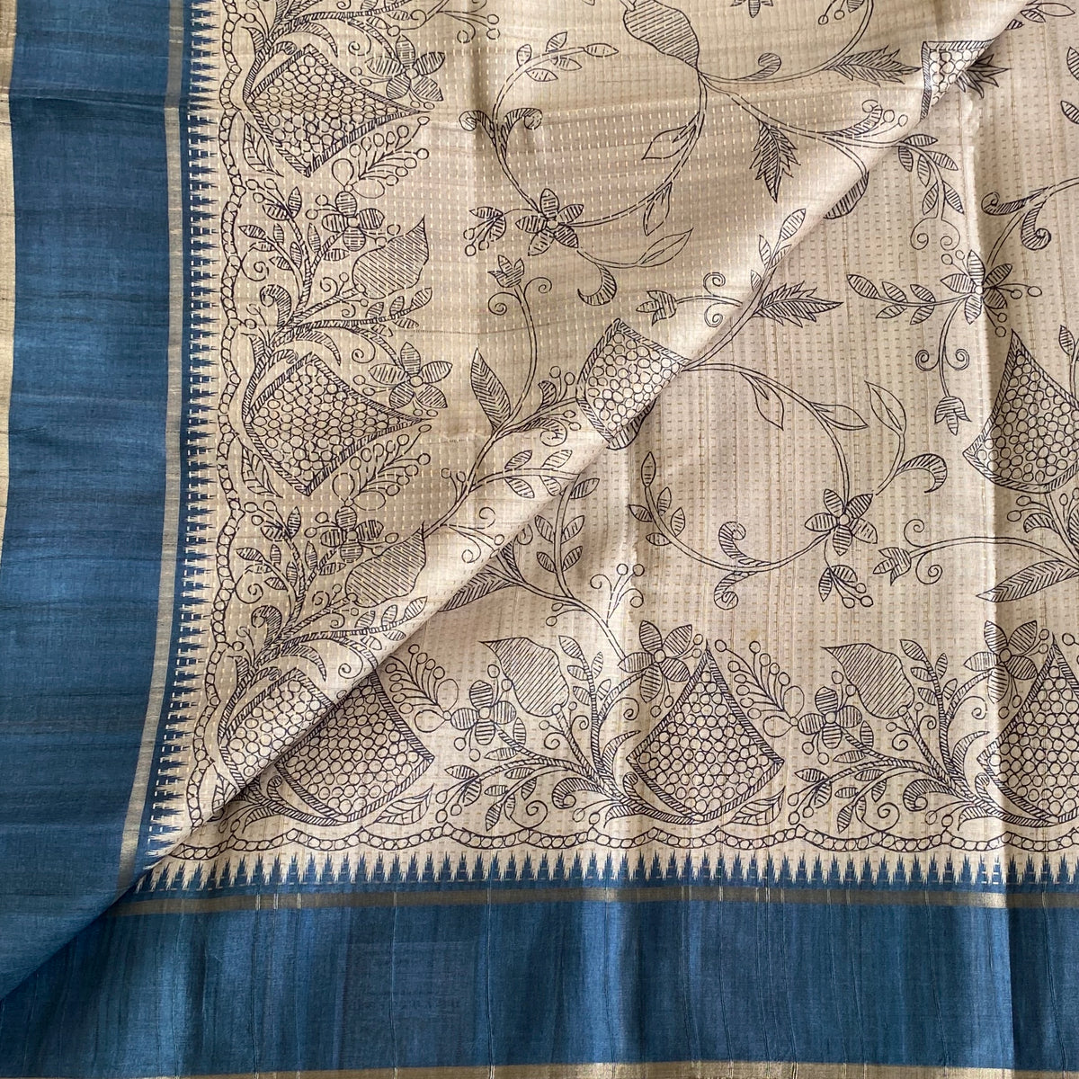 Warm Beige Soft Tussar Silk Saree With Deep Denim Contrast