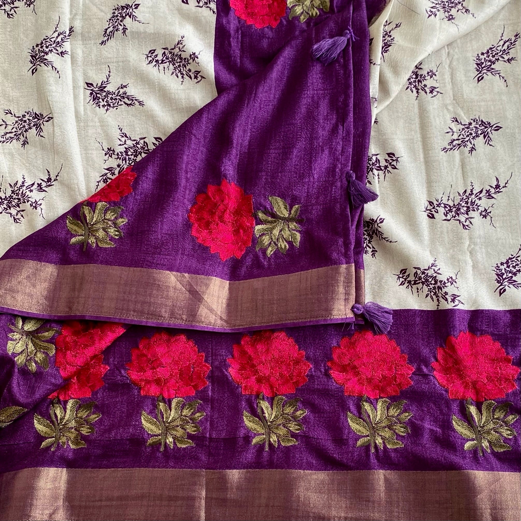 Ivory Soft Tussar Silk Saree With Royal Purple Pallu Embroidered Blooms