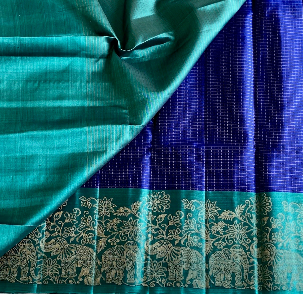 Teal Green Designer Pure Silk Saree With Royal Blue Panel