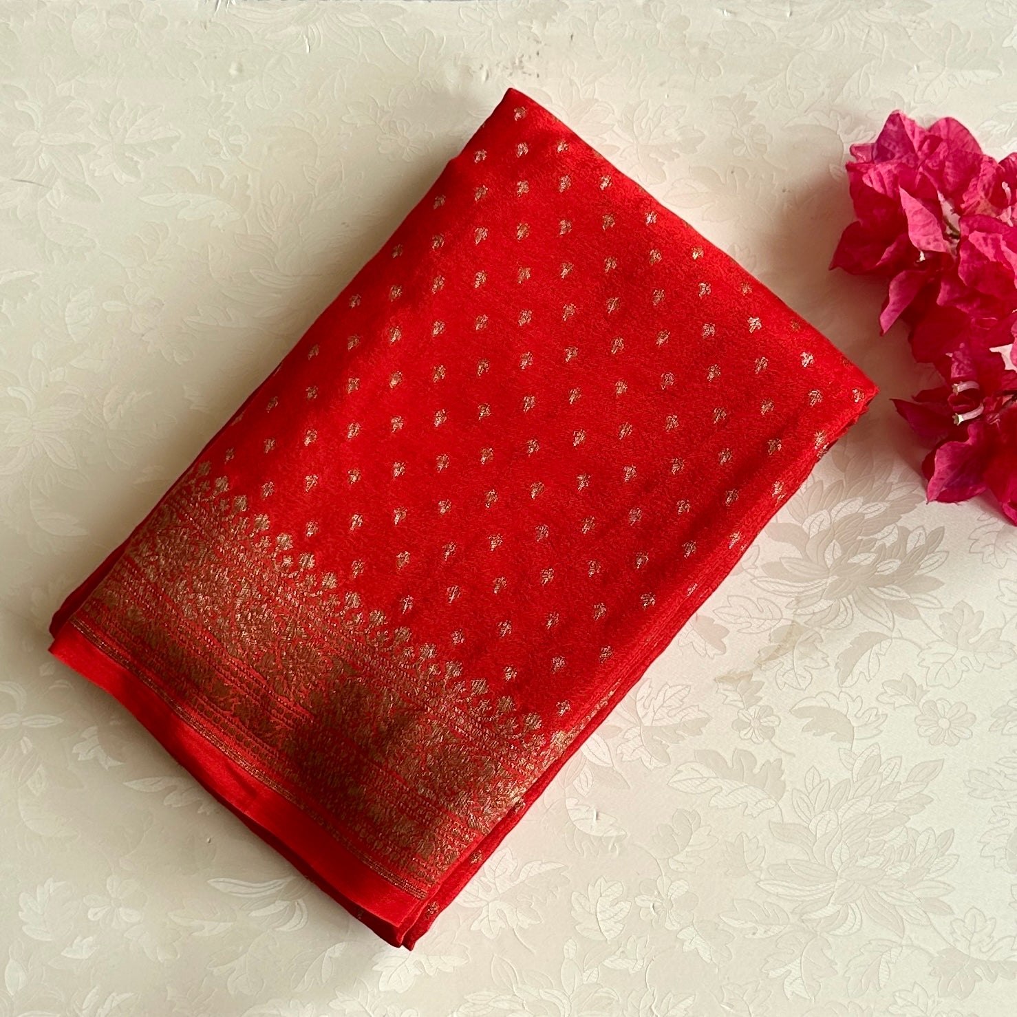 Scarlet Red Silk Saree with Gold Brocade and Wide Border