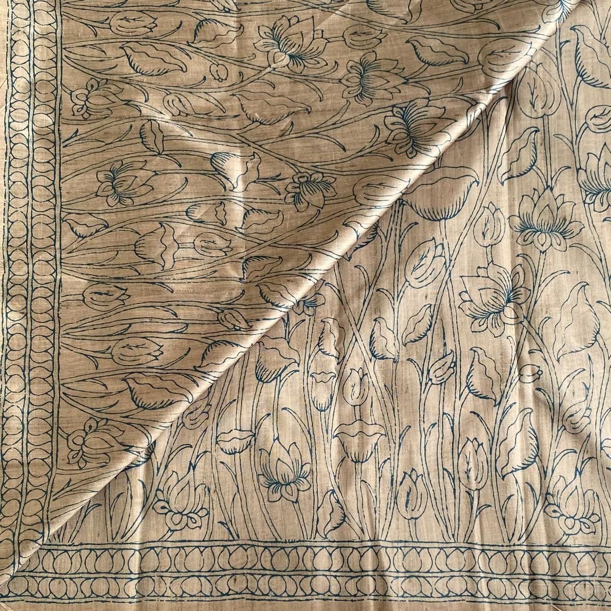 Natural Beige Soft Tussar Silk Saree With Teal Blue Pallu