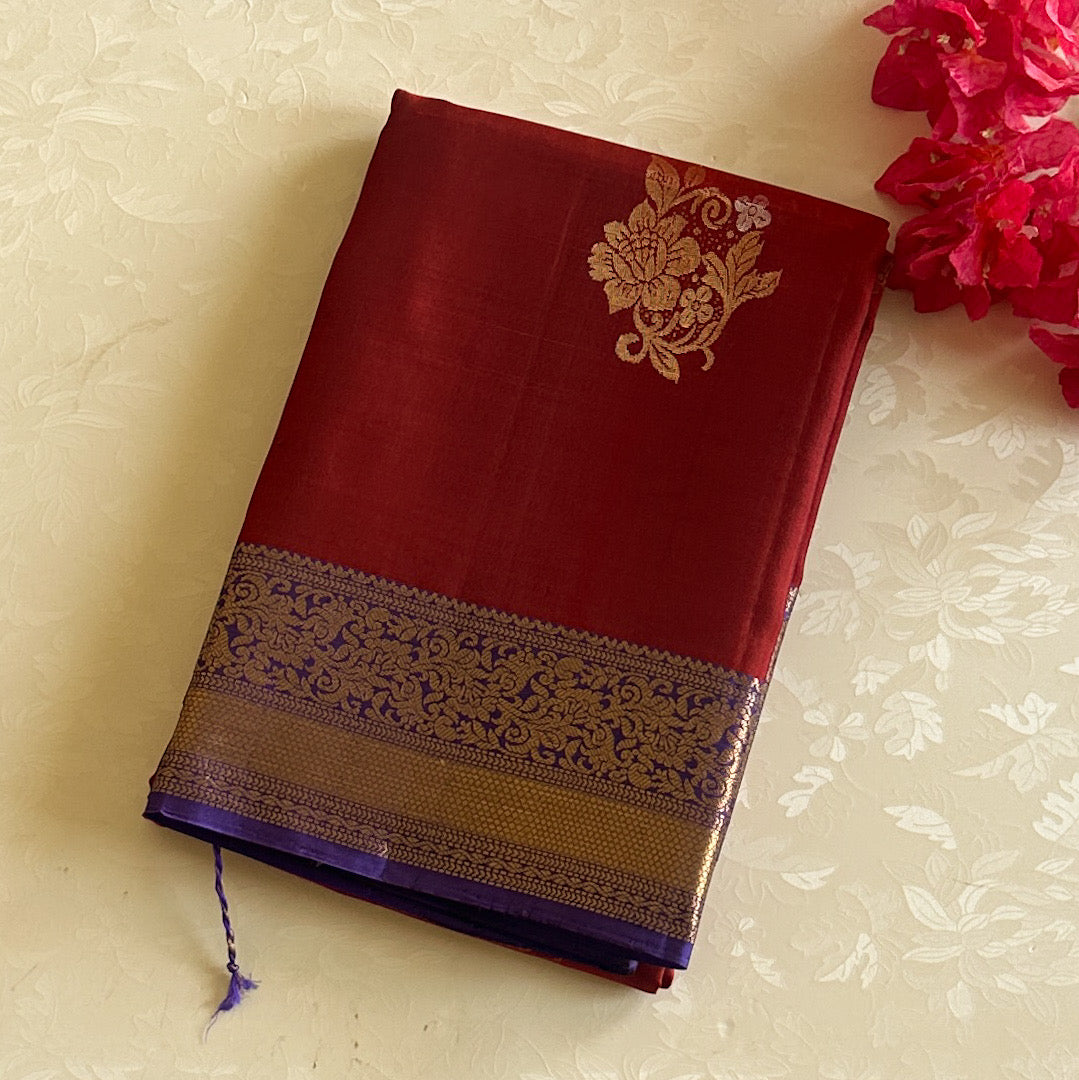Maroon Purple Zari Saree With Gold Brocade Border For Weddings