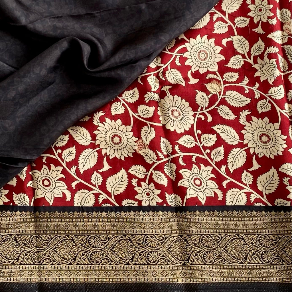 Dark Red Soft Tussar Silk Saree With Black Pallu