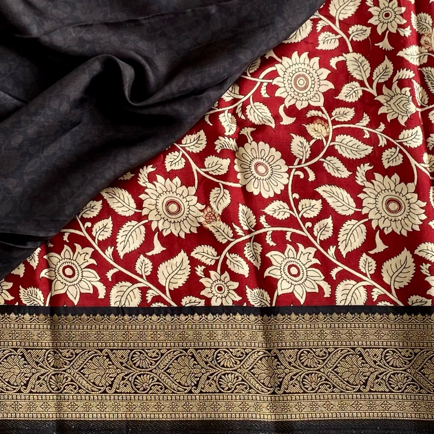 Dark Red Soft Tussar Silk Saree With Black Pallu