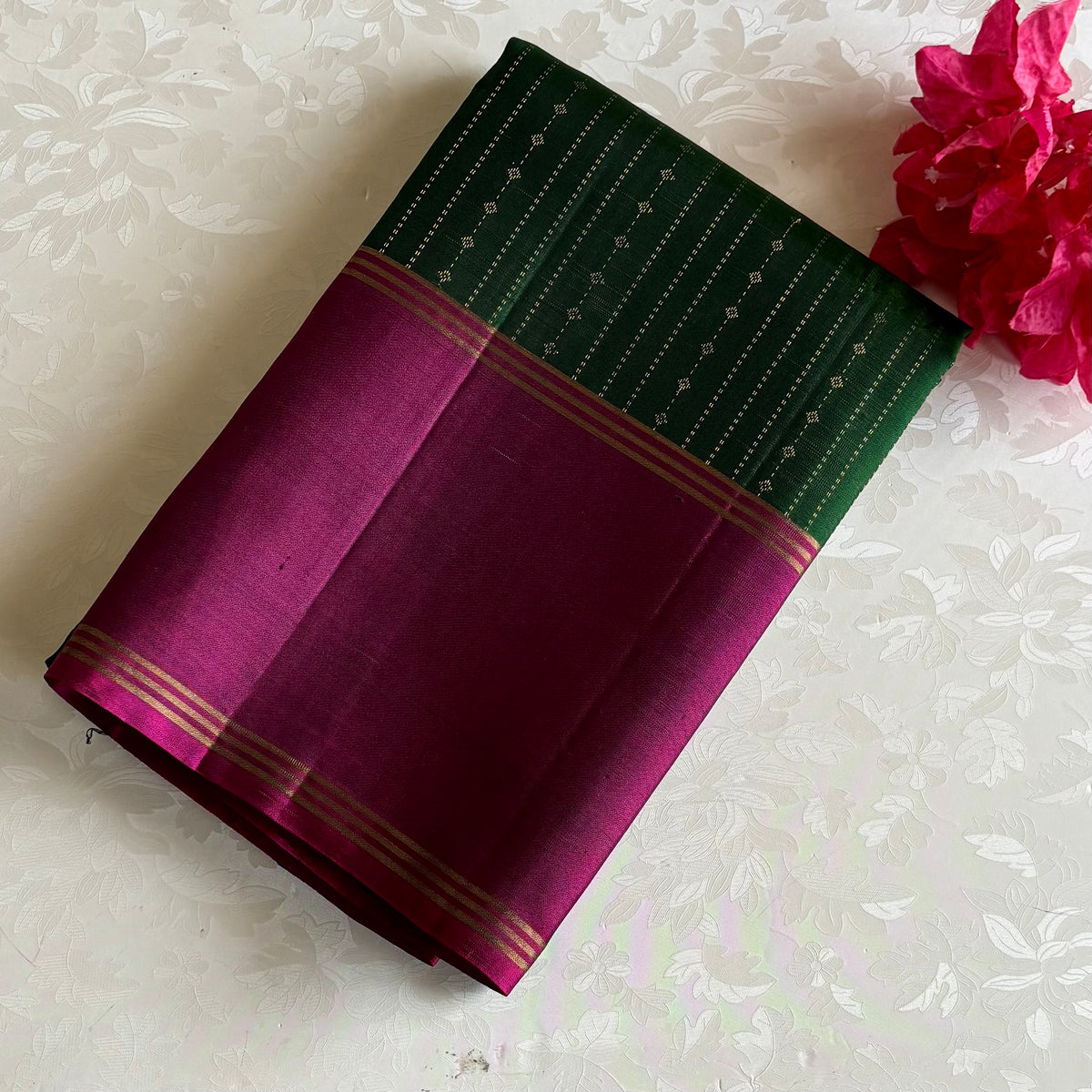 Bottle Green Designer Pure Silk Saree With Magenta Pink Pallu