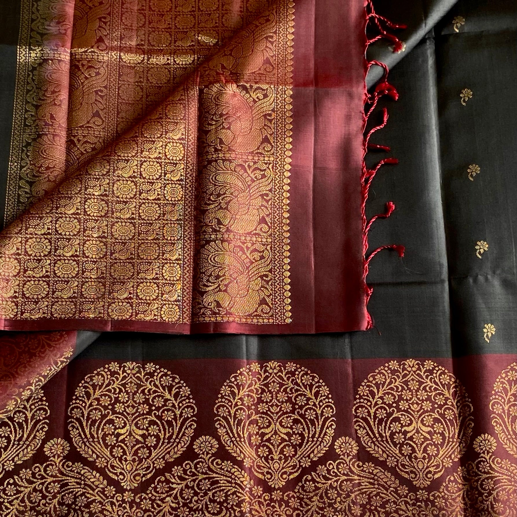 Jet Black Designer Pure Silk Saree With Deep Maroon Pallu