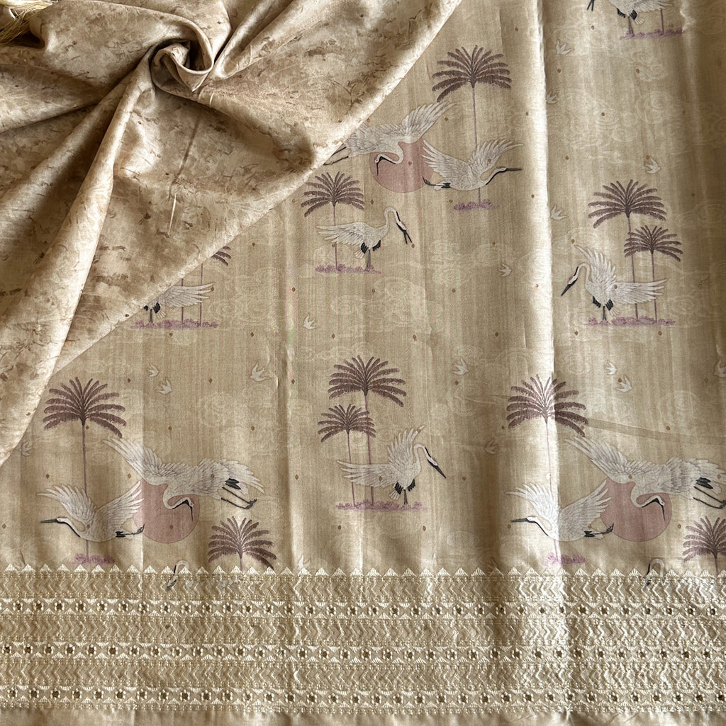 Champagne Beige Bird Print Saree With Embroidered Border Tassel Pallu