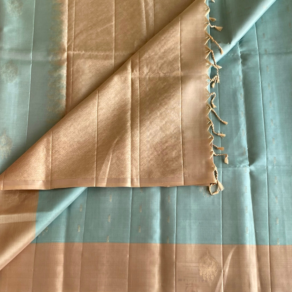Dreamy Pastel Blue Designer Pure Silk Saree With Beige Pallu