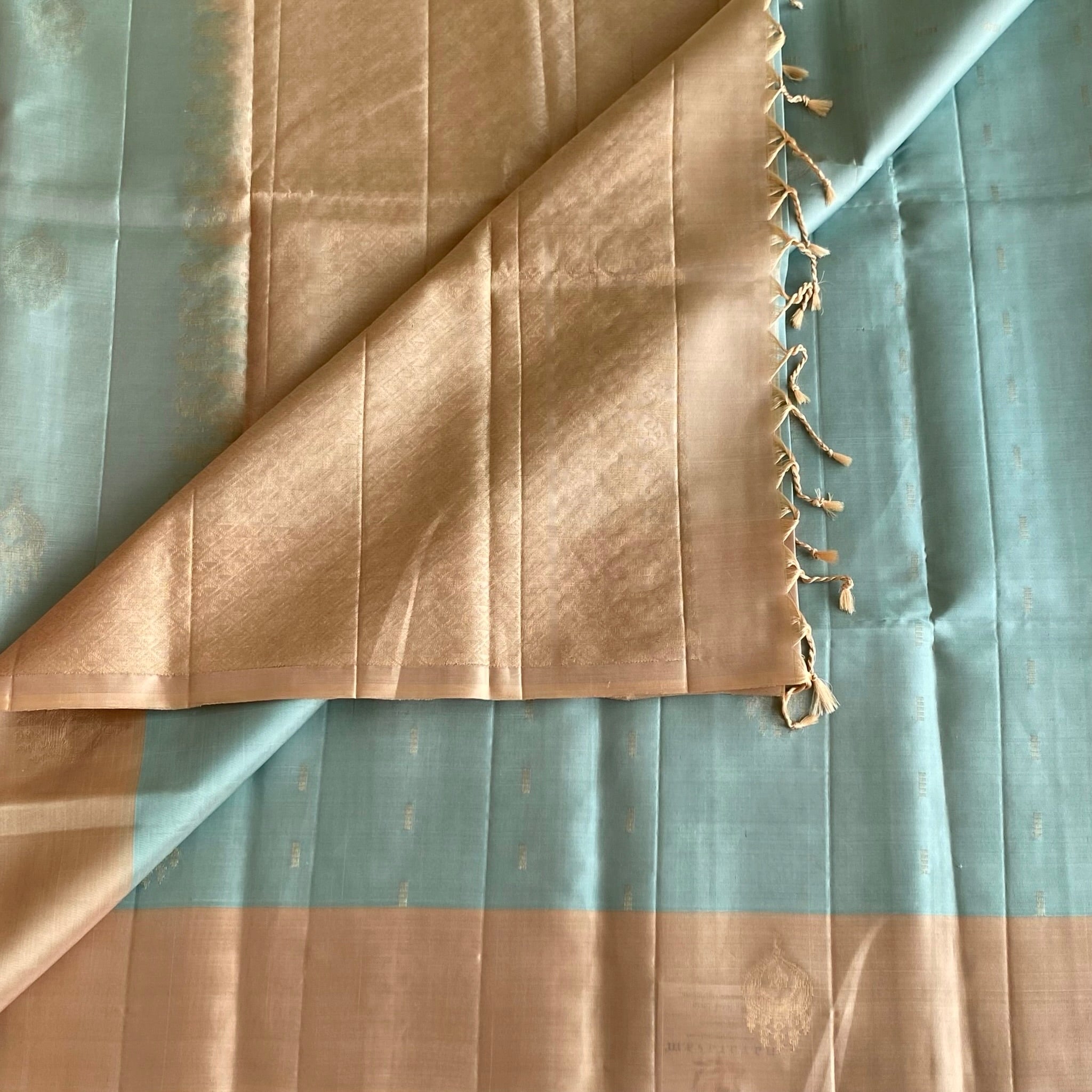 Dreamy Pastel Blue Designer Pure Silk Saree With Beige Pallu