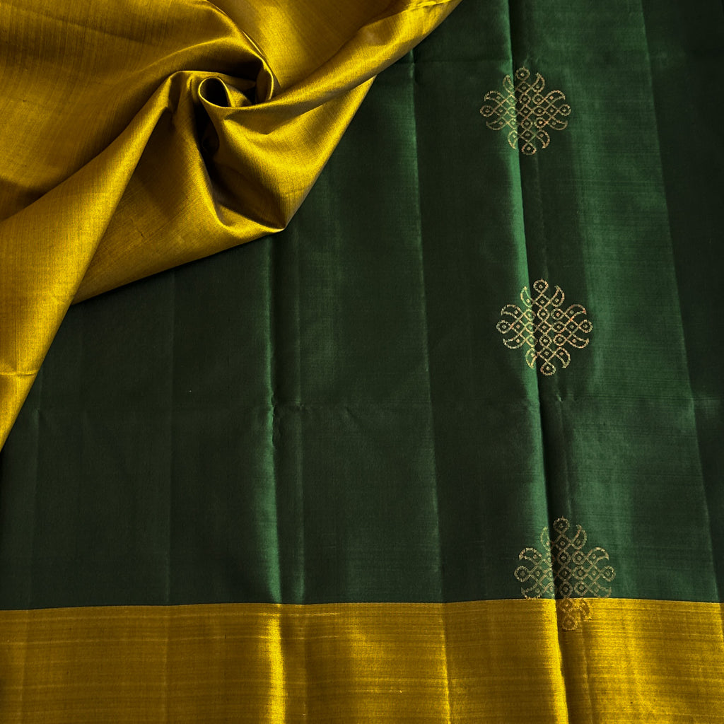 Emerald Green Silk Saree With Mustard Golden Zari Pallu Kollam weave
