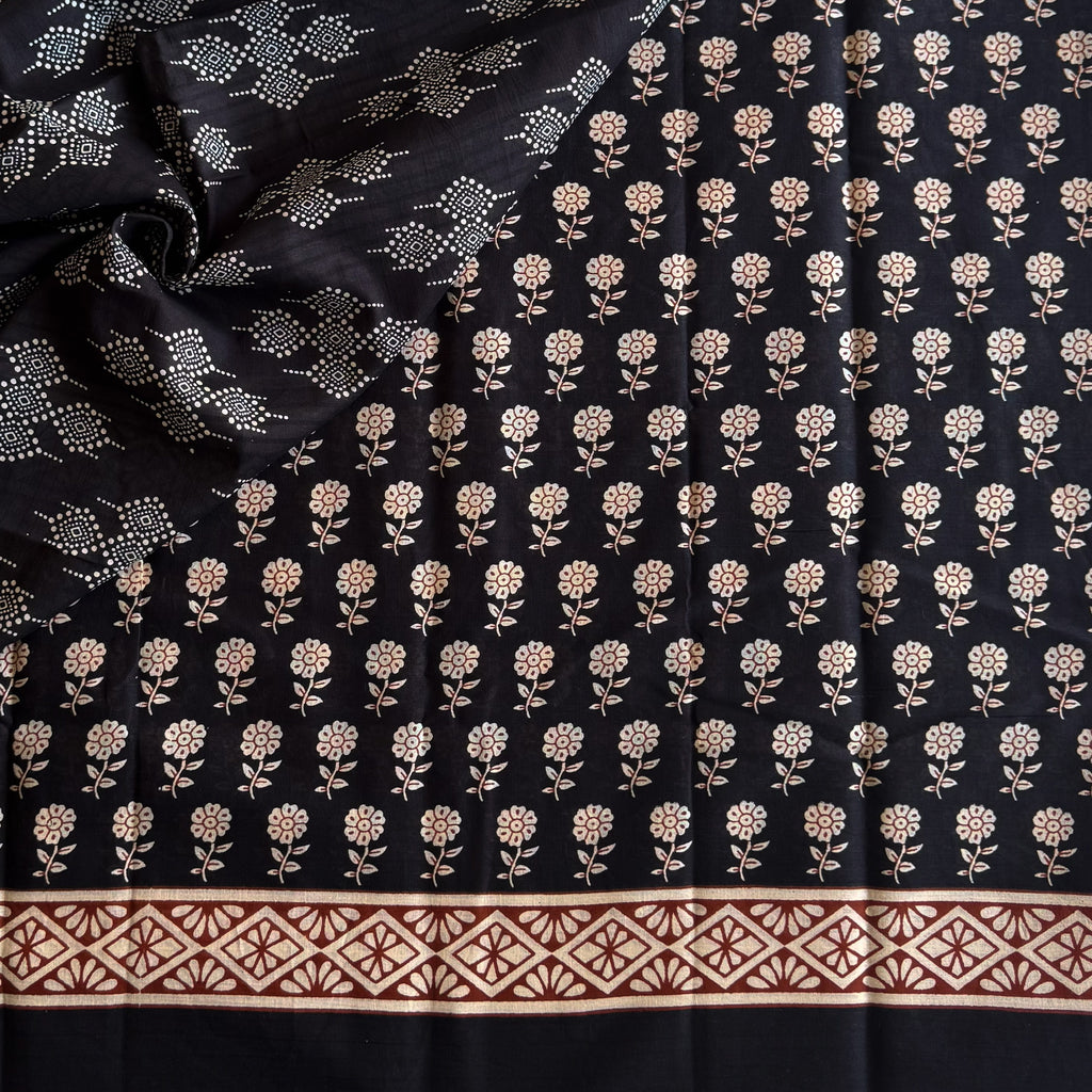 Black Ivory Block Print Saree Paisley Floral Geometric Border