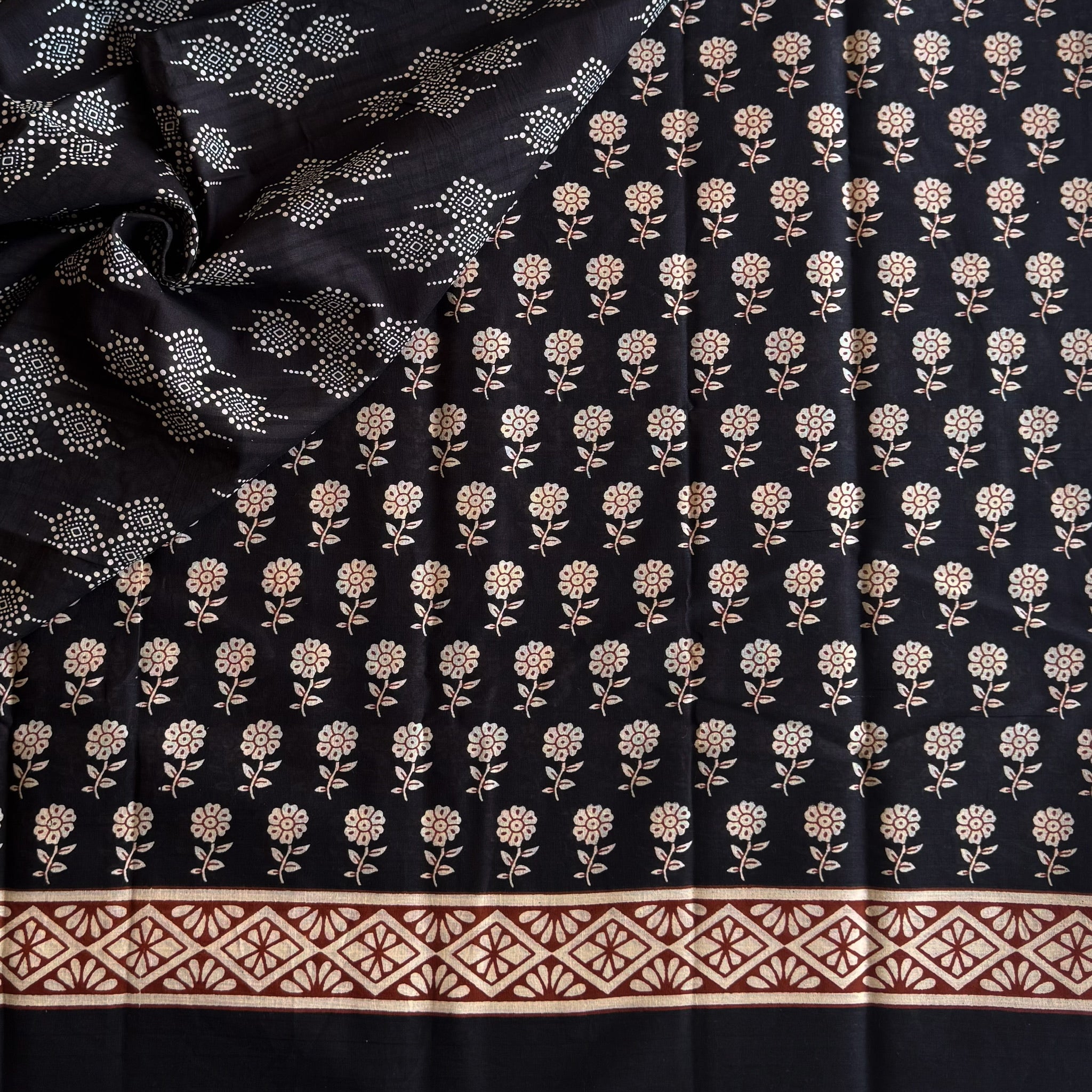 Black Ivory Block Print Saree Paisley Floral Geometric Border