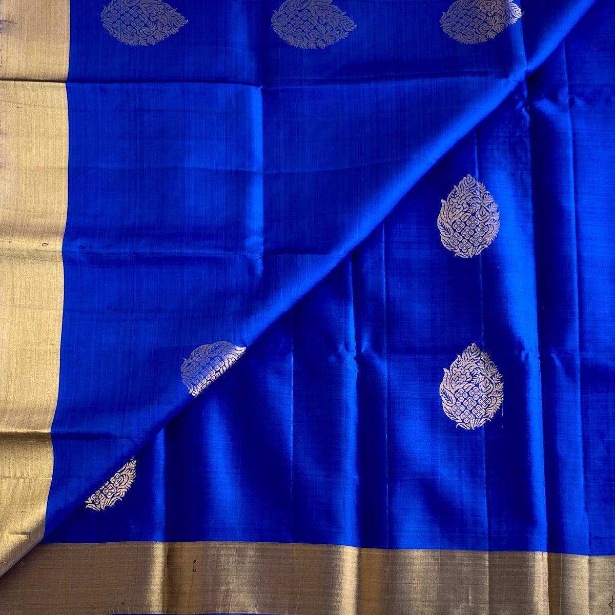 Royal Blue Designer Pure Silk Saree Champagne Beige Pallu Gold Border