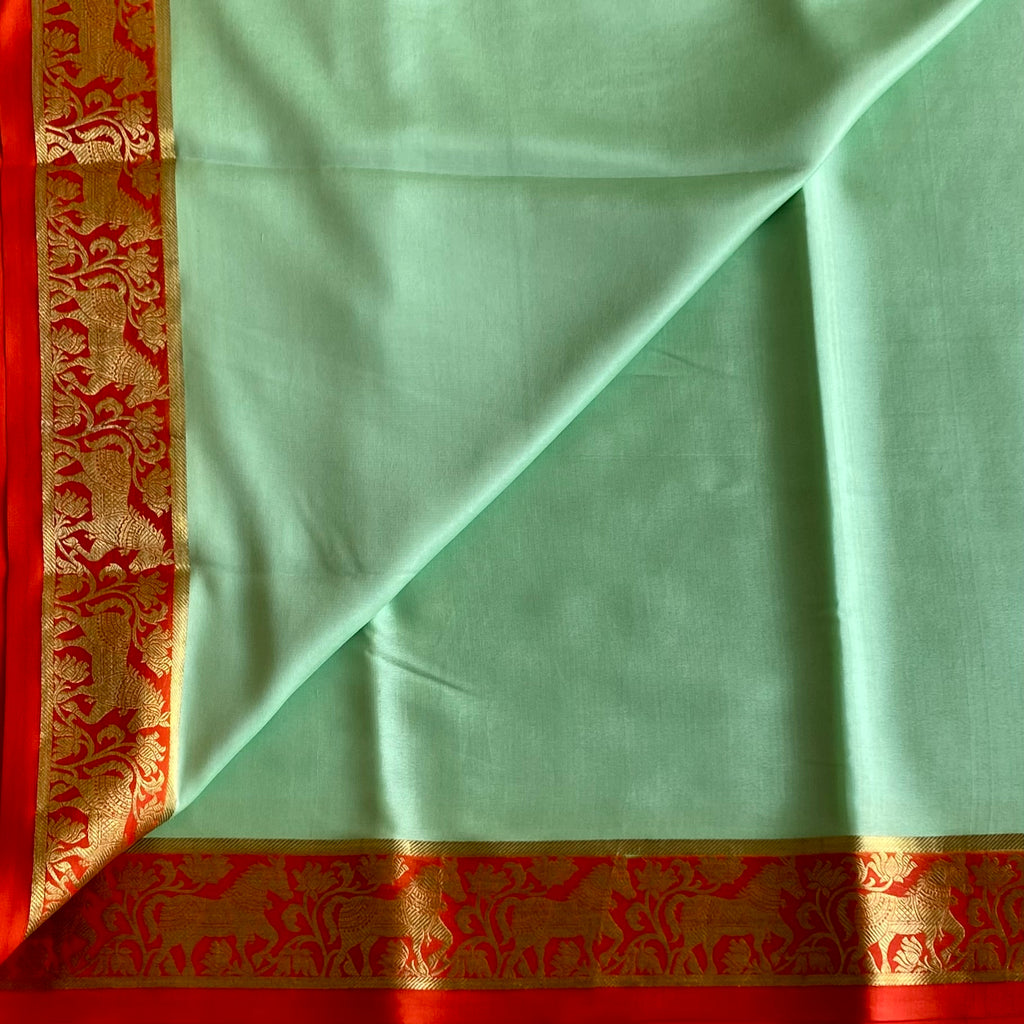 Mint Green & Vermilion Red Mysore Crepe Silk With Designer Borders