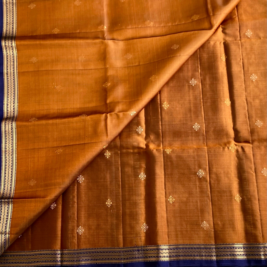 Copper Brown Designer Pure Silk Saree With Midnight Navy Pallu