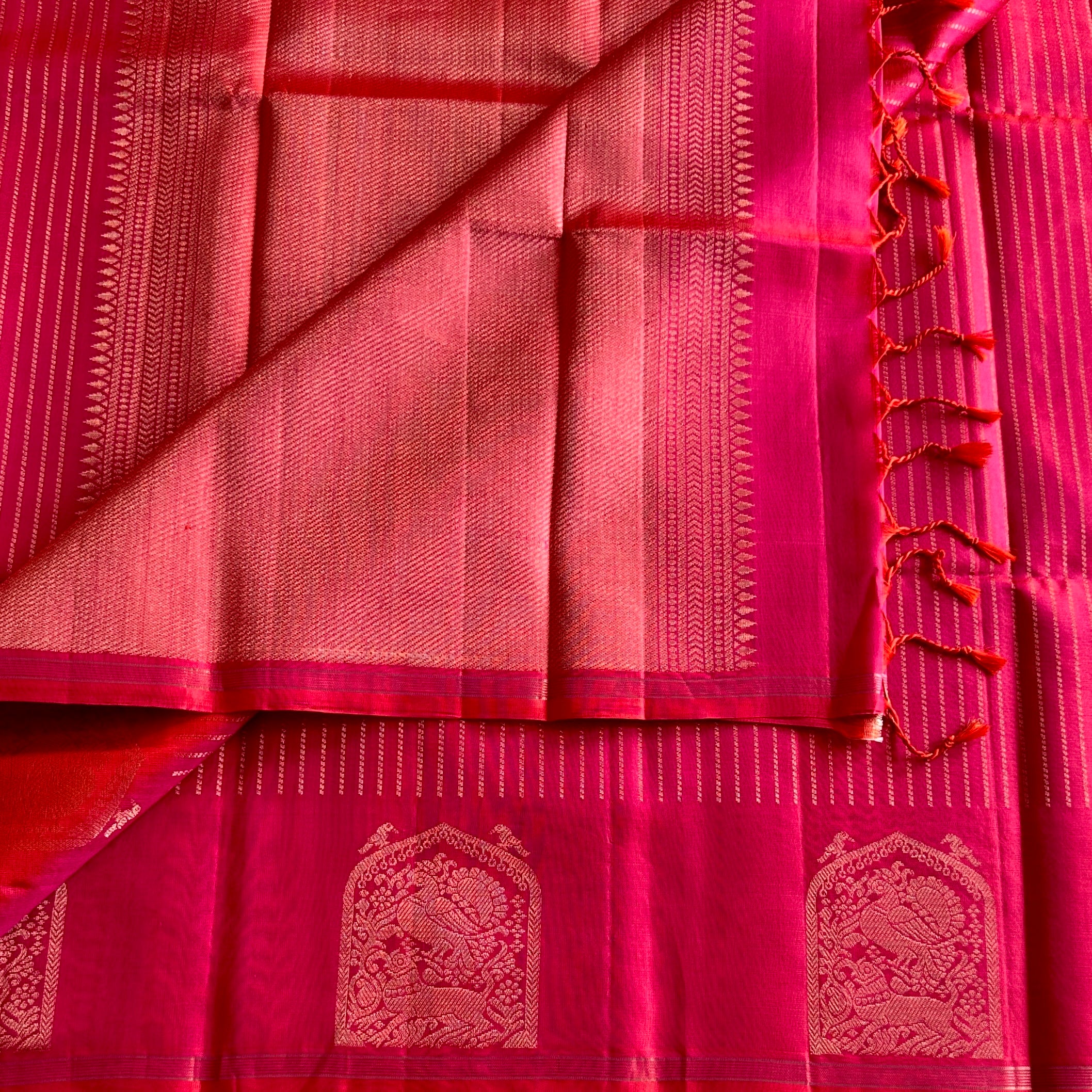 Dual shaded Kanakambari Pink Silk Saree with Gold Zari Temple Motifs and Tassels