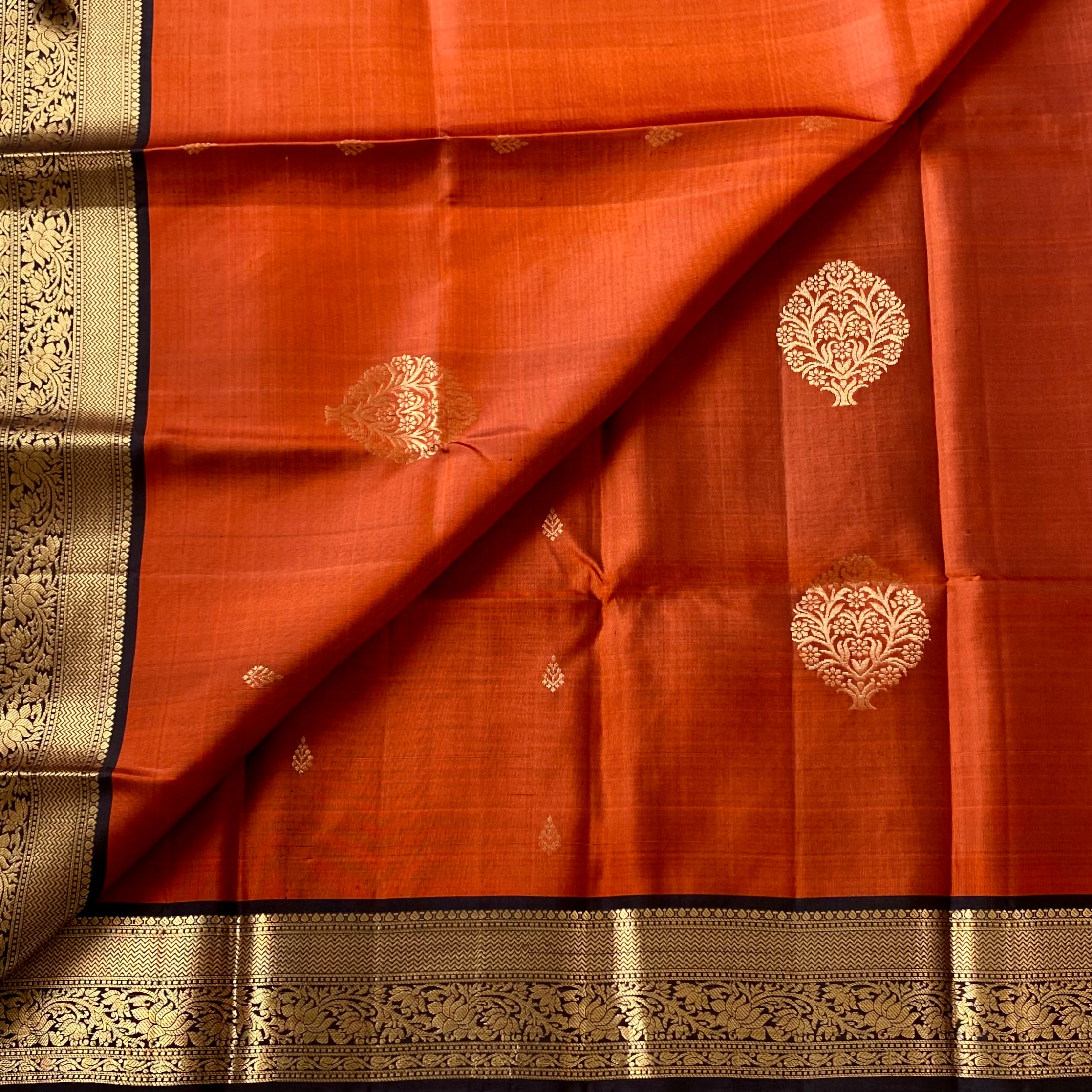 Burnt Orange Saree with Gold Zari Border and Brown Pallu