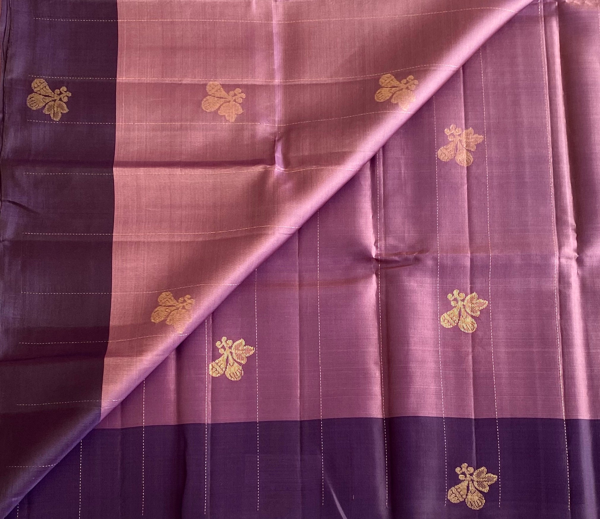 Dual Shaded Mauve Designer Pure Silk Saree With Deep Plum Pallu
